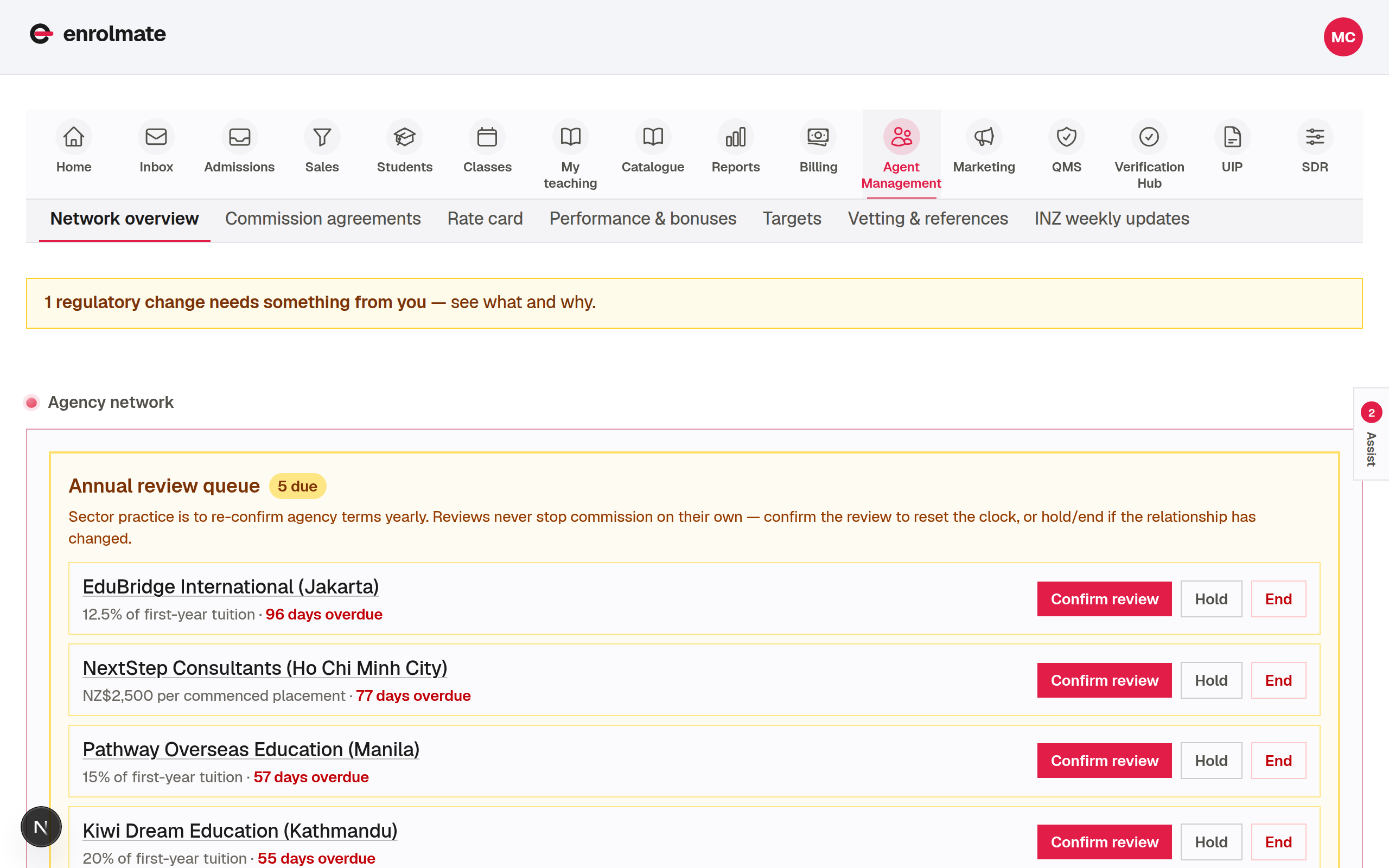 Agent management in Enrolmate, agents listed with their tier and submission activity