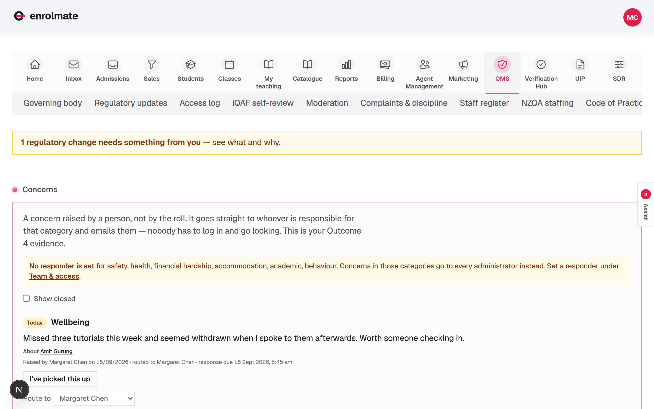 The concerns register in Enrolmate, showing each raised concern with its category, the person it routed to, and whether it has been acknowledged