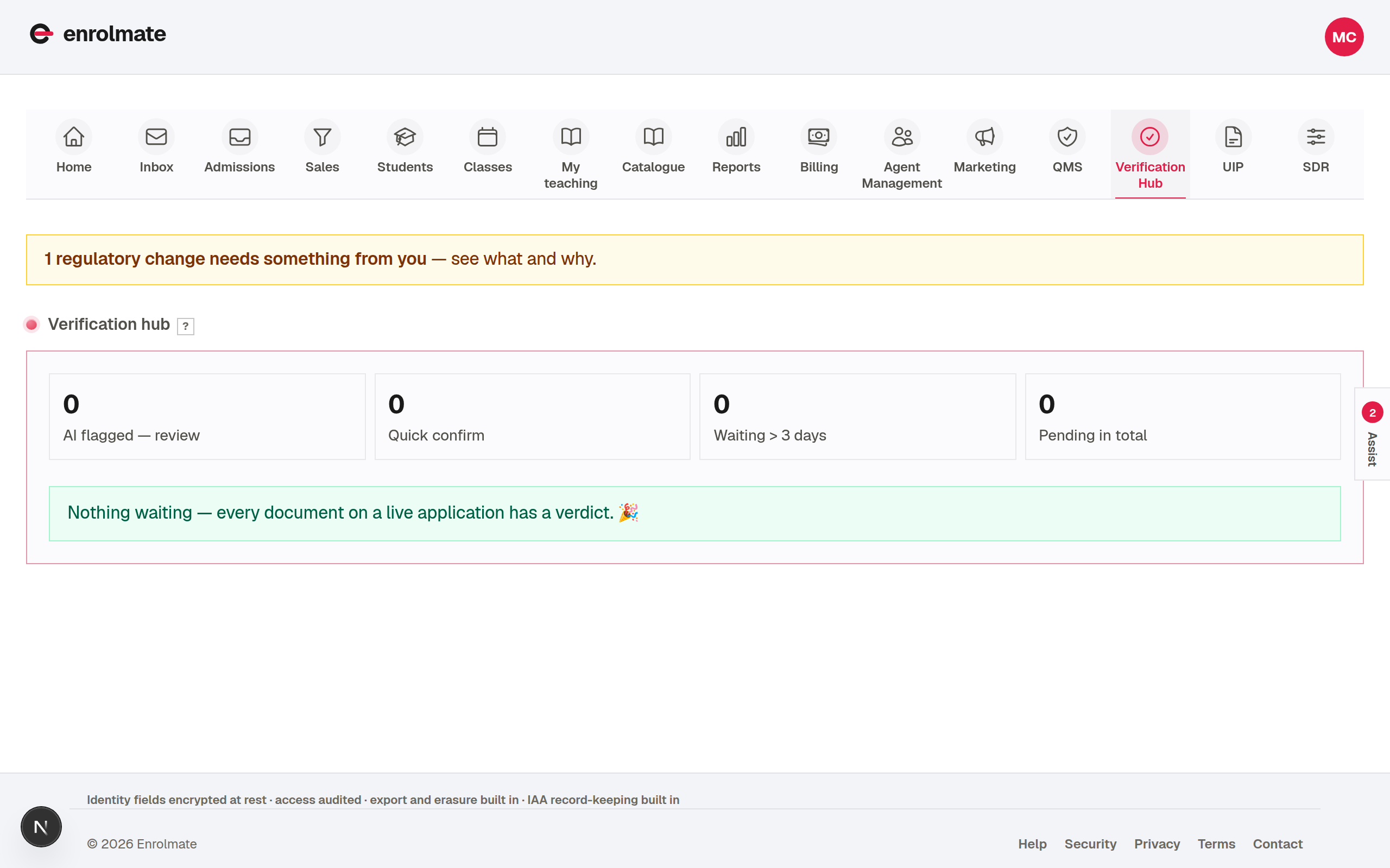 The verification hub in Enrolmate, flagged documents listed above clean ones with the reason shown