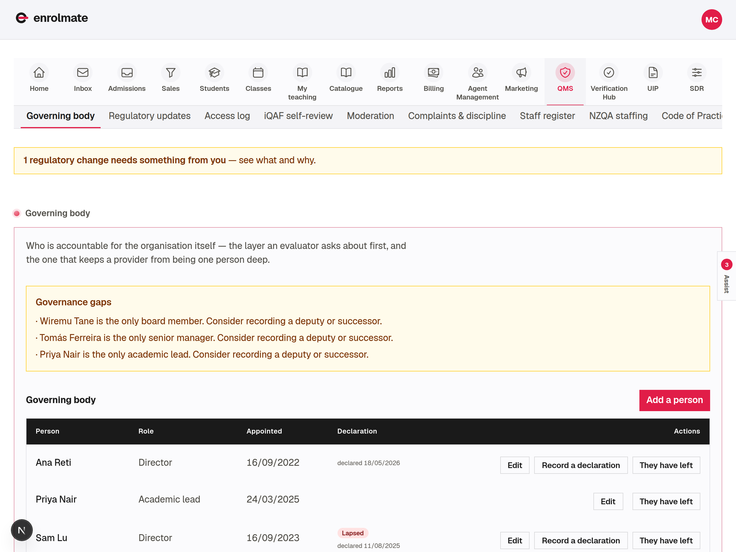 The governing body register in Enrolmate, listing each person with their role, appointment date and fit-and-proper declaration state