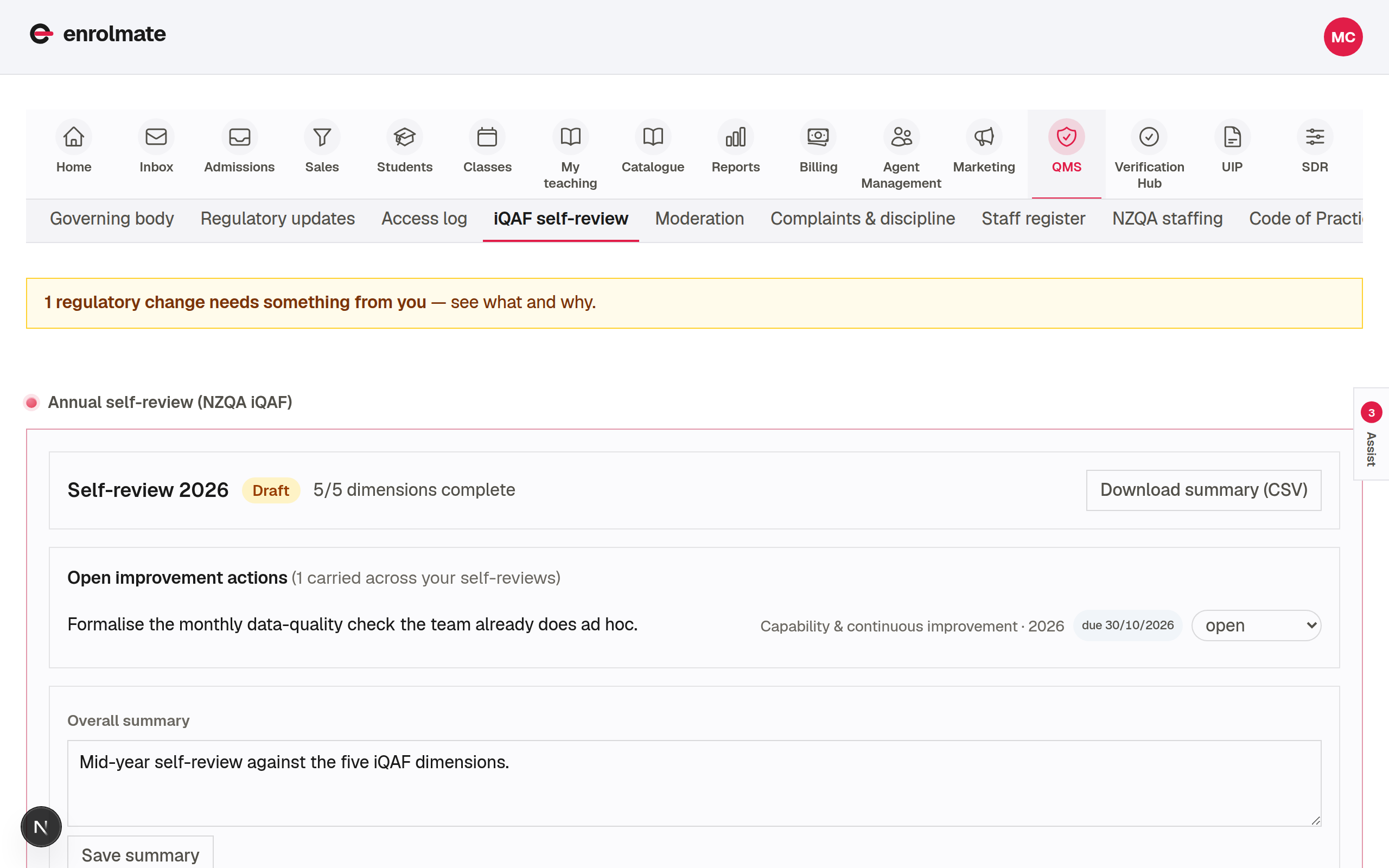 The iQAF self-review workspace in Enrolmate, each statement tracked against its evidence