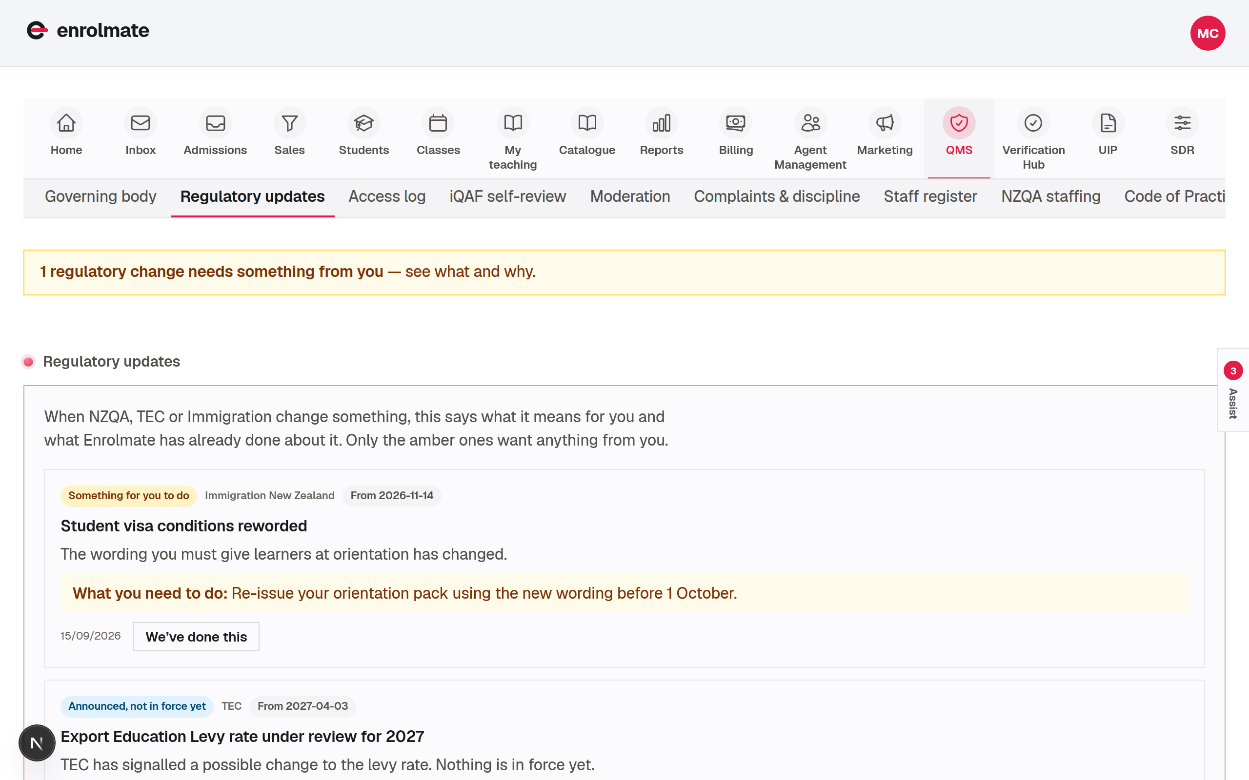 The regulatory updates feed in Enrolmate, each change showing whether it needs anything from the provider