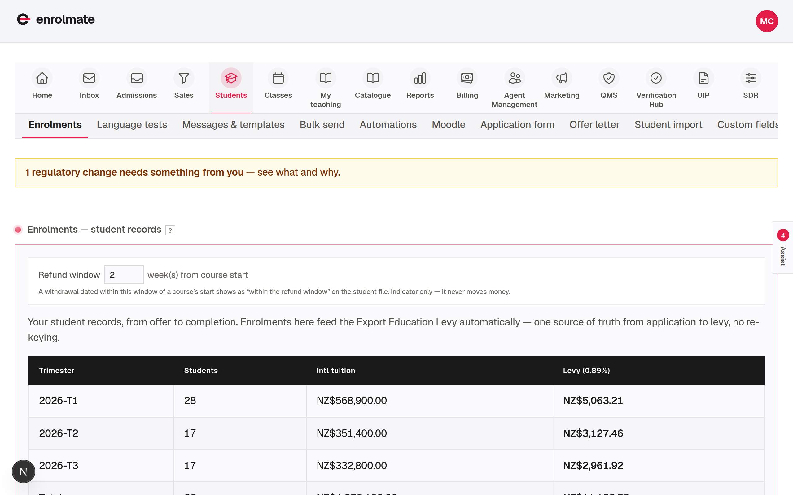 The enrolments register in Enrolmate, student records from offer to completion with the Export Education Levy calculated from them